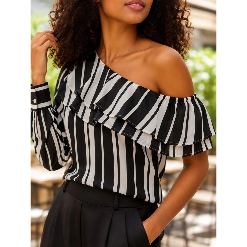 Banana Republic Navy And White Striped Ruffled Blouse Office Siren Size LP